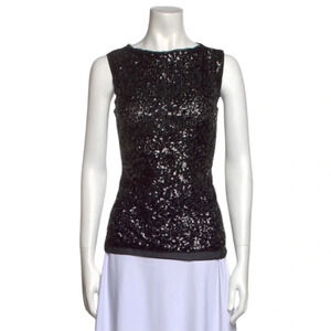 Karen Millen Black Sequin Sheer Embroidered Dot Back Sleeveless Top Size 10